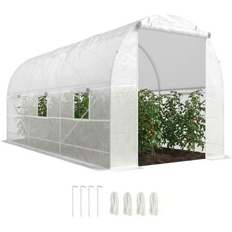 Serre tunnel de jardin 9m². serre de jardin tunnel avec porte et 6 fenêtres. bâche PE 140 g/m² 445 x 200 x 200 cm blanc (1/5)