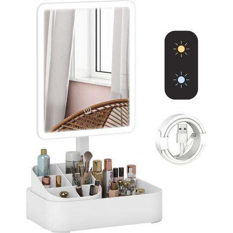Miroir de maquillage lumineux rechargeable, pivotant à 180°, LED à 2 températures, avec boîte de rangement, toucher tactile, USB-C, blanc - CHICFURN (1/5)