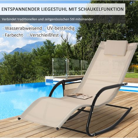 Schaukel-Liegestuhl 150x62x88 cm aus Metall, beige, mit Seitentasche für den Garten – MEUBLIV (1/5)
