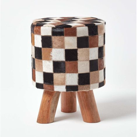 HOMESCAPES Cream, Brown and Tan Hide Check Stool with Wooden Legs (1/4)