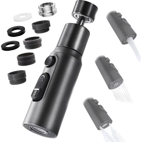 Aérateur de robinet 360° pivotant, embout robinet cuisine 3 modes douchette, mousseur économie d'eau, adaptateur économiseur pour lavabo salle de bain (Noir)