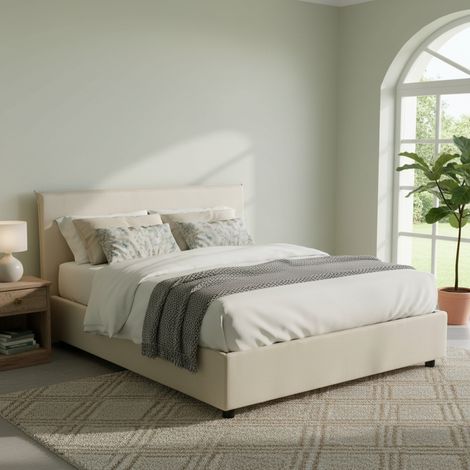 Dmora - Cama matrimonial Dangel, Cama contenedor con revestimiento de tela, 100% Made in Italy, Apertura frontal, adecuado para colchón Cm 160x200, Beige (1/5)
