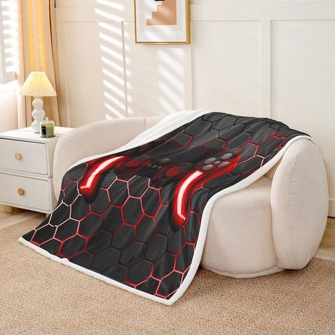 Couverture de jeu pour garçons, adolescents, couverture de jeu pour enfants joueurs, couverture en peluche, lumières néons, rouge, géométrie nid d'abeilles, lit, canapé 130x150 cm (1/5)