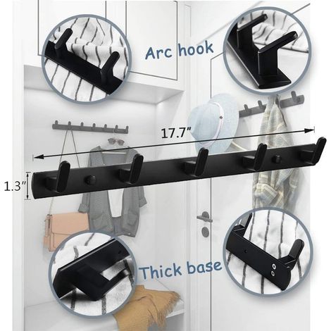 Appendiabiti da parete con 5 ganci per asciugamani, 45 x 3,3 cm, moderno appendiabiti nero per ingresso e bagno (5 ganci)