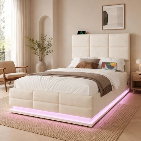 Polsterbett mit Bettkasten 90x200 cm aus beigem Samt, verstellbares Kopfteil, LED, USB/Type-C HAVRYA (1/5)