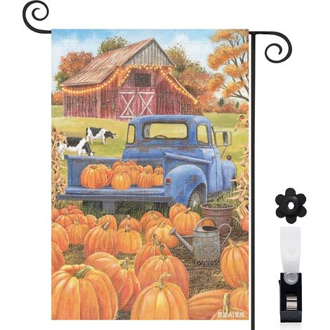 Drapeau de jardin décoratif 30 x 45 cm motif récolte automnale et camion vintage toile double face (1/5)