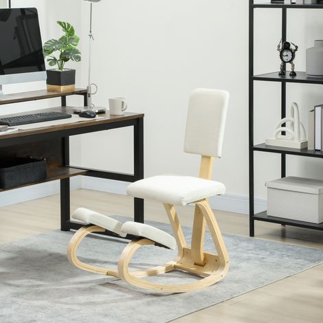 Sedia Inginocchiatoio Dondolante in Tessuto Effetto Lino e Legno di Betulla, 51x84x93 cm, Crema