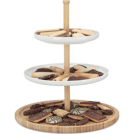Relaxdays Etagere Bambus und Keramik, 3-stöckig, Servierplatte, DxH: 30 x 36 cm für Kekse, Obst, Knabberzeug, natur-weiß