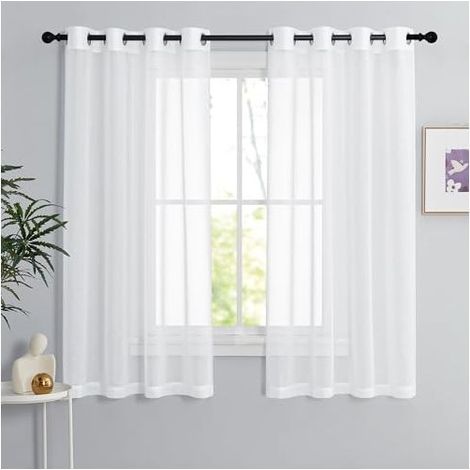 Rideau Blanc - Voilage Lot de 2 Rideaux Lin Naturel Effet 140 x 160 Décoration Maison Chambre & Hôtel pour Petites Fenêtres Draperies Souple à Oeillet Romantique (1/4)