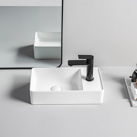 Gäste WC Waschbecken SOHO 2.0 in 46 x 25 x 12 cm aus feinster Keramik für Wandmontage oder als Aufsatzwaschbecken mit Hahnloch:Hahnloch Rechts (1/5)