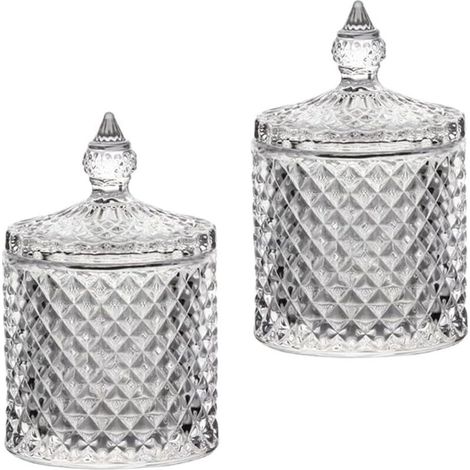Set mit 2 transparenten Glas-Aufbewahrungsdosen für Wattebällchen und Wattestäbchen, für die Badezimmerablage, mit Deckel, auch als Halter für Make-up und Badesalz geeignet, 250 ml (1/4)