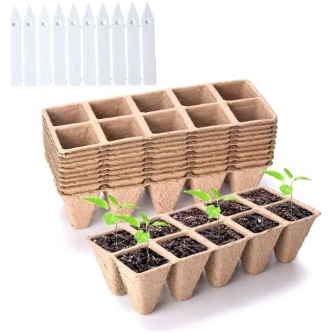 Lot de 10 pots en tourbe, 100 alvéoles biodégradables pour plantes d'intérieur et d'extérieur, comprenant 10 étiquettes en plastique pour plantes (1/5)