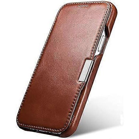 Étui à rabat en cuir véritable marron, compatible avec iPhone 12 - Style vintage - Fermeture magnétique (1/5)