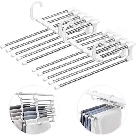 Platzsparendes Mehrzweck-Kleiderbügelset, 2er-Pack ausziehbare Hosenbügel aus Edelstahl, faltbar, Magic Hanger Kleiderschrank-Organizer, weiß (1/5)