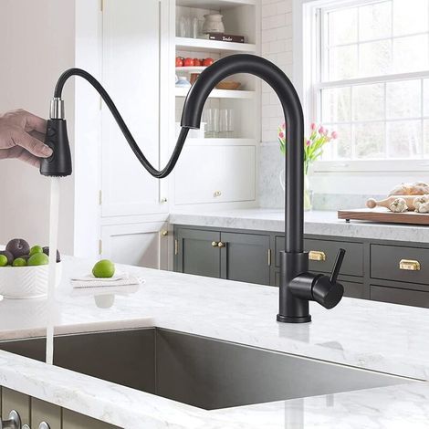 Robinet de cuisine avec douchette extractible Noir Robinet mitigeur d'évier pivotant à 360 degrés avec 3 modes de pulvérisation Robinet de cuisine à levier unique Évier chaud et froid disponible (1/4)