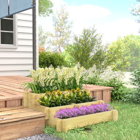 Jardinière surélevée à 3 niveaux. avec ouverture de drainage et doublure en tissu. en bois naturel. 93 x 93 x 35 cm