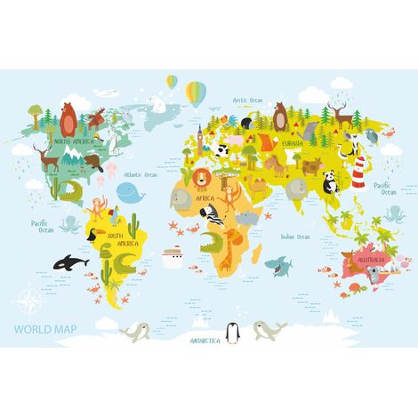 Fotomural infantil con mapa del mundo y animales DWK302 300x200 (1/5)