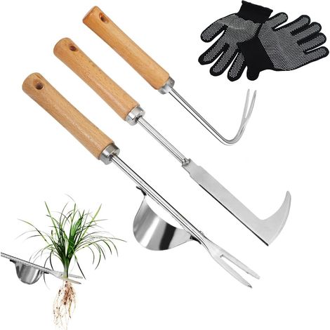 Désherbeur Manuel en Acier Inoxydable, avec gants antidérapants, Arrache Mauvaise Herbe Outil de Désherbage, Arrache Pissenlit Couteau, pour Eliminer Les Mauvaises Herbes des Jardins,Potagers(3PCS)