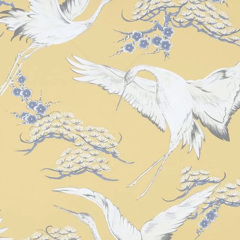 Ochre Crane Bird Wallpaper Yellow Oriental Tree Smooth Vinyl Paste Wall