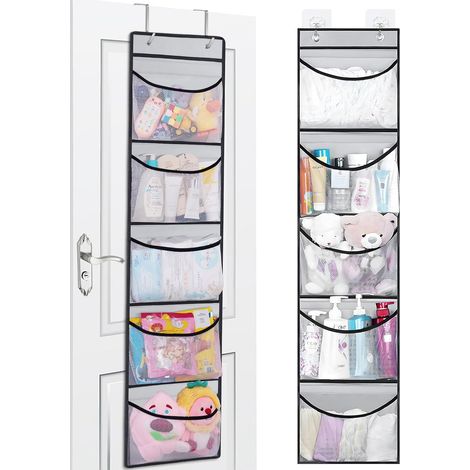 2 confezioni di mensole sospese, organizer portaoggetti sospeso sopra la porta con 5 grandi tasche e 2 ganci in metallo, per cameretta dei bambini, bagno, cucina, camera da letto (1/5)