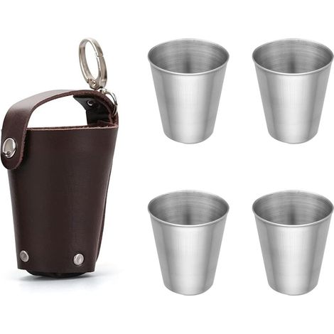 [NUNCA UTILIZADO]Vaso de chupito de acero inoxidable, vasos de chupito de acero inoxidable, mini vasos de chupito para acampar de 70 ml con estuche de cuero, para senderismo, picnic y camping. (1/5)