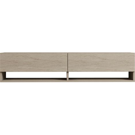 Calicosy – Meuble TV suspendu 2 portes abattantes décor travertin 141 cm – 2 niches ouvertes – Panneaux mélaminés 18 mm – Fixation murale