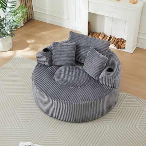 Canapé Fauteuil Lounge Rond 1 Place, 3 Coussins Amovibles, 2 Porte-Boissons, Poches Latérales, Montage Sans Outils, Velours Côtelé - Gris (1/5)