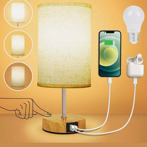 Touch Nachttischlampe 1er Set mit USB-A + USB-C Ladeports, 3-fach dimmbar, Lampenschirm aus Leinenstoff, kleine Tischlampen für Schlafzimmer Wohnzimmer Hotel (Leuchtmittel inklusive)