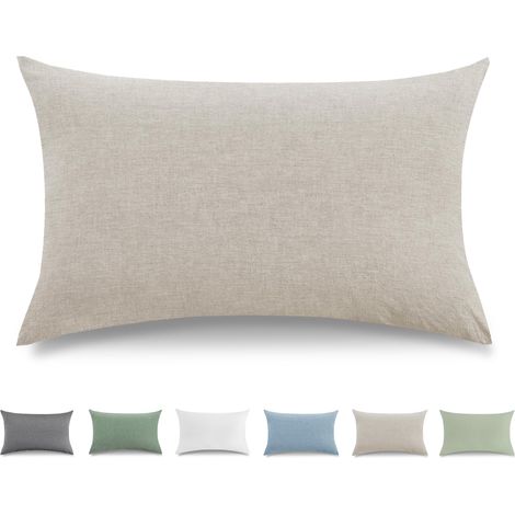 Taie Oreiller 50x80 cm Lot De 2,Housse Coussin 100% Coton Lavé Doux, Aspect Lin Et Respirant, Taie d Oreiller Beige avec Fermeture éClair (1/5)