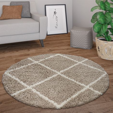 Paco Home Hochflor Teppich Rund Wohnzimmer Moderner Shaggy Langflor Skandi Rauten Beige, 120 cm Rund