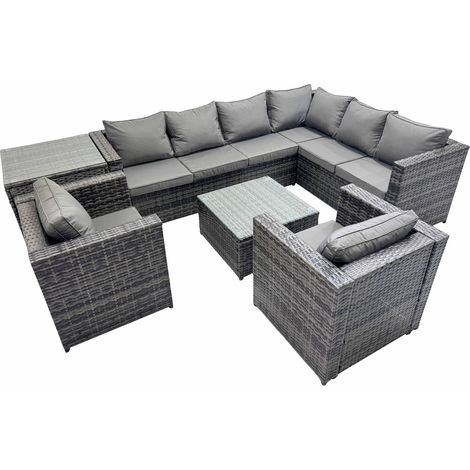 Fimous Outdoor PE Rattan Garden Furniture Sofa Set with Square Coffee Table 2 Chair Side Table Dark Grey (1/5)