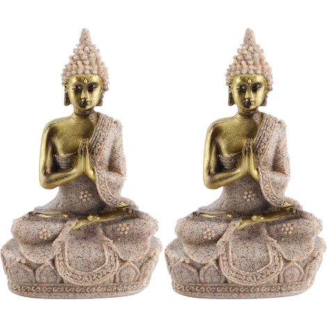 2 Pièces Statue Bouddha Assis Résine Grès Sculpture Décoration Feng Shui Intérieur (1/5)