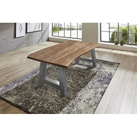 Esstisch Baumkante massiv Akazie Natur 120 x 80 A-Gestell silber ATHEN