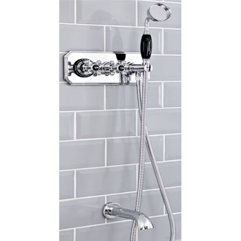 Milano Elizabeth Twin Diverter Thermostatic Mixer Shower Valve with Hand Shower Handset Hose and Wall Mounted Bath Spout - Chrome & Black