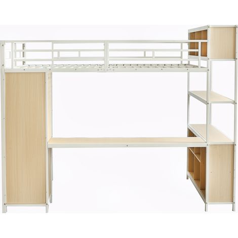 Letto a soppalco in metallo e truciolare con scrivania e armadio, bianco e naturale, 140x200 cm (1/5)