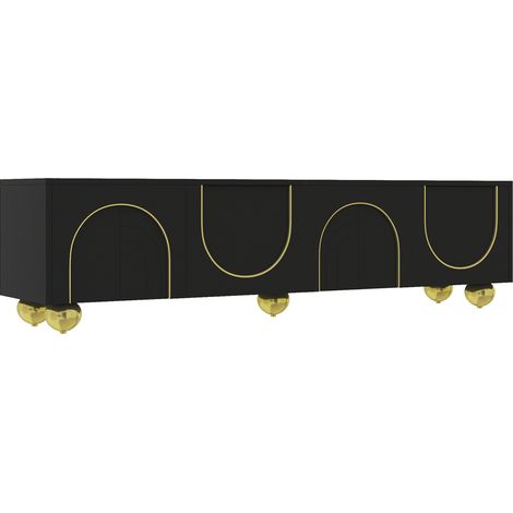 Meuble TV en panneaux de particules noir et doré avec portes structurées et pieds ronds dorés, 170 x 38 x 44 cm (1/5)