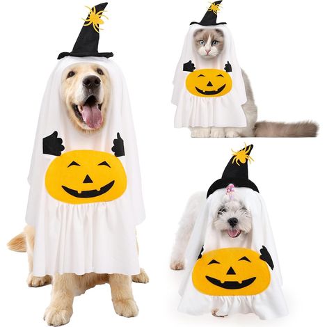 Halloween-Kostüm für Begleittiere, Umhang mit Kapuze 2 und 1 für Chat, Hund, Fantôme, Zauberhut, Citrouille, Umhang weiß (1/4)
