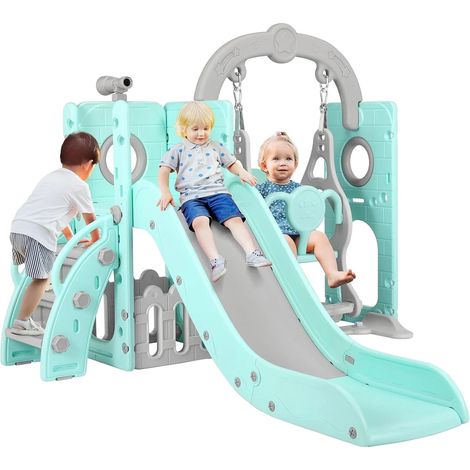 Tobogán infantil con columpio, 5 en 1, estructura para trepar, verde y gris. (1/2)