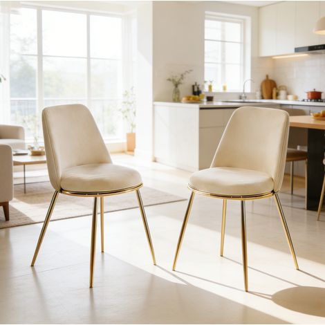 Silla de comedor de terciopelo blanco crema con patas metálicas doradas, respaldo alto ergonómico,56×47×82cm (1/5)