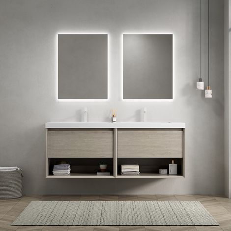 Waschtisch-Set aus Resin und Sperrholz, Light Oak/Weiß, 140 cm, wandhängend mit Doppelwaschbecken (1/5)