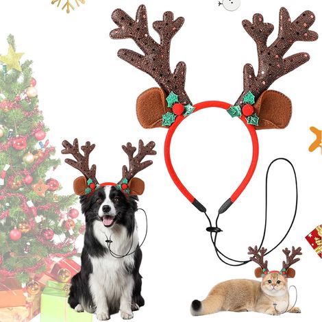 Serre-tête de Noël pour animaux de compagnie avec bois de renne - Accessoire ajustable à paillettes marron pour chiens et chats Accessoire de déguisement festif pour animaux de compagnie (1/5)