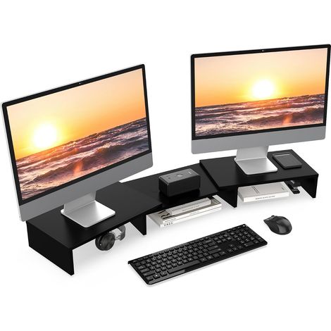 Réhausseur d'Écran en Bois,Support de Moniteur Réglable,Support d'Ordinateur Portable,PC,TV,Imprimante - pour 2 Moniteurs,92,5-108x23,5x10,2cm,Noir (1/5)