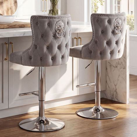Wahson Set of 2 Velvet Bar Stools with Lion Knocker, Adjustable Height Swivel Counter Chairs with Backrest, Kitchen Island Stools for Home Bar, Pub & Dining Room, Gray
