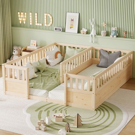 Lit au sol enfant double 90 × 200 cm en bois de pin avec barrières de sécurité semi-fermées - Naturel (1/5)