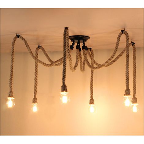 6 lights Retro Hanfseil Kronleuchter E27 Industrie DIY Hängelampe mit 2M Kabel, Höhenverstellbar für Wohnzimmer, Restaurant, Bar, Café - Ohne Birne