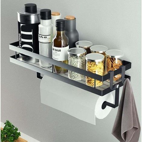 étagère à épices murale sans perage,etagere rangement,étagère à épices suspendue avec porte-rouleau de cuisine et 4 crochets amovibles, etagere cuisine, 35 cm Noir… (1/4)