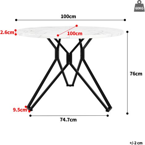 Ensemble repas 5 pièces, table ronde 100 cm et 4 chaises, mobilier de cuisine moderne, pieds acier noir, plateau MDF imitation marbre, chaises gris lin. (1/5)
