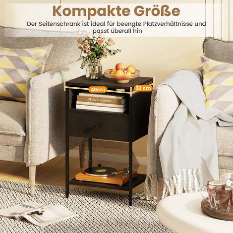 Lot de 2 tables de chevet noires en bois et métal avec station de charge, tiroir et étagère pour chambre et bureau (1/5)