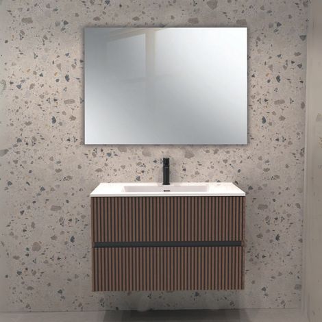 Mueble de baño de pared con dos cajones y espejo incluido color efecto nogal 80x45x50H cm - Bifosy (1/3)