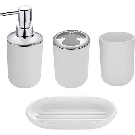 Modern Design 4 Piece Bathroom Accessories Set Lotion Bottles, Toothbrush Holder, Tooth Cup, Soap Dish, White-Four (1/3)